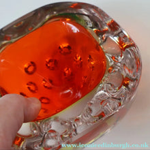Load image into Gallery viewer, FERRO GALLIANO: 1960s MURANO Chunky Glass Bowl. Vintage Sommerso Geode Red, Yellow and Clear Glass with Dimples
