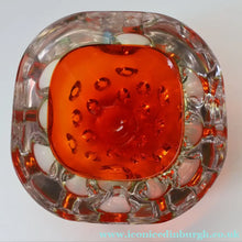 Load image into Gallery viewer, FERRO GALLIANO: 1960s MURANO Chunky Glass Bowl. Vintage Sommerso Geode Red, Yellow and Clear Glass with Dimples
