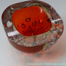 Load image into Gallery viewer, FERRO GALLIANO: 1960s MURANO Chunky Glass Bowl. Vintage Sommerso Geode Red, Yellow and Clear Glass with Dimples
