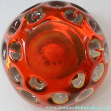 Load image into Gallery viewer, FERRO GALLIANO: 1960s MURANO Chunky Glass Bowl. Vintage Sommerso Geode Red, Yellow and Clear Glass with Dimples

