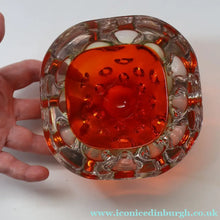 Load image into Gallery viewer, FERRO GALLIANO: 1960s MURANO Chunky Glass Bowl. Vintage Sommerso Geode Red, Yellow and Clear Glass with Dimples
