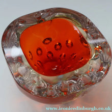 Load image into Gallery viewer, FERRO GALLIANO: 1960s MURANO Chunky Glass Bowl. Vintage Sommerso Geode Red, Yellow and Clear Glass with Dimples
