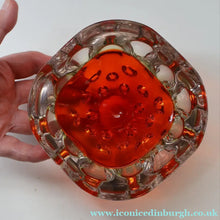Load image into Gallery viewer, FERRO GALLIANO: 1960s MURANO Chunky Glass Bowl. Vintage Sommerso Geode Red, Yellow and Clear Glass with Dimples
