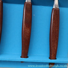 Load image into Gallery viewer, Vintage 1960s GLOSSWOOD Cutlery. Stainless Steel Dessert Spoons with Teak Effect Handles. Original Retail Box
