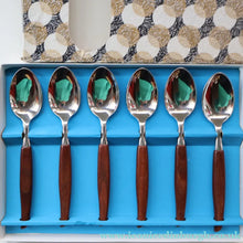 Load image into Gallery viewer, Vintage 1960s GLOSSWOOD Cutlery. Stainless Steel Dessert Spoons with Teak Effect Handles. Original Retail Box
