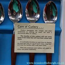 Load image into Gallery viewer, Vintage 1960s GLOSSWOOD Cutlery. Stainless Steel Dessert Spoons with Teak Effect Handles. Original Retail Box
