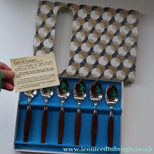 Load image into Gallery viewer, Vintage 1960s GLOSSWOOD Cutlery. Stainless Steel Dessert Spoons with Teak Effect Handles. Original Retail Box
