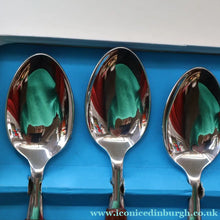 Load image into Gallery viewer, Vintage 1960s GLOSSWOOD Cutlery. Stainless Steel Dessert Spoons with Teak Effect Handles. Original Retail Box
