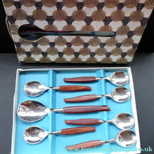 Load image into Gallery viewer, Vintage 1960s GLOSSWOOD Cutlery. Stainless Steel Six Dessert Spoons &amp; Larger Serving Spoon with Teak Effect Handles. Original Retail Box
