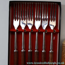 Load image into Gallery viewer, Vintage 1960s Hankyu JAPANESE Cutlery. Stainless Steel Very Long Forks with Teak Handles. Original Retail Box
