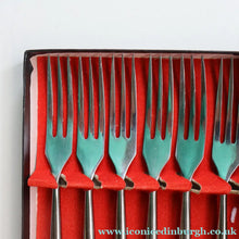 Load image into Gallery viewer, Vintage 1960s Hankyu JAPANESE Cutlery. Stainless Steel Very Long Forks with Teak Handles. Original Retail Box
