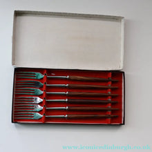 Load image into Gallery viewer, Vintage 1960s Hankyu JAPANESE Cutlery. Stainless Steel Very Long Forks with Teak Handles. Original Retail Box
