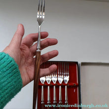 Load image into Gallery viewer, Vintage 1960s Hankyu JAPANESE Cutlery. Stainless Steel Very Long Forks with Teak Handles. Original Retail Box
