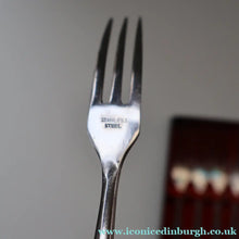 Load image into Gallery viewer, Vintage 1960s Hankyu JAPANESE Cutlery. Stainless Steel Very Long Forks with Teak Handles. Original Retail Box

