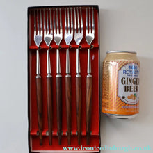 Load image into Gallery viewer, Vintage 1960s Hankyu JAPANESE Cutlery. Stainless Steel Very Long Forks with Teak Handles. Original Retail Box
