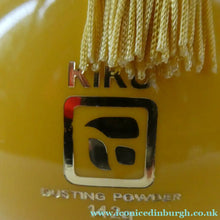 Load image into Gallery viewer, 1960s KIKU Yellow Plastic Dusting Powder Ball. With original fluffy puff and sealed Faberge talcum powder
