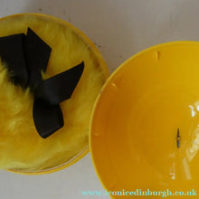 Load image into Gallery viewer, 1960s KIKU Yellow Plastic Dusting Powder Ball. With original fluffy puff and sealed Faberge talcum powder
