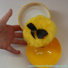 Load image into Gallery viewer, 1960s KIKU Yellow Plastic Dusting Powder Ball. With original fluffy puff and sealed Faberge talcum powder
