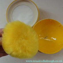 Load image into Gallery viewer, 1960s KIKU Yellow Plastic Dusting Powder Ball. With original fluffy puff and sealed Faberge talcum powder
