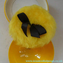 Load image into Gallery viewer, 1960s KIKU Yellow Plastic Dusting Powder Ball. With original fluffy puff and sealed Faberge talcum powder
