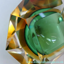 Load image into Gallery viewer, Large 1960s MURANO Faceted Glass Bowl. Vintage Sommerso Geode Green, Yellow and Clear Bowl

