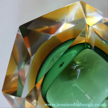 Load image into Gallery viewer, Large 1960s MURANO Faceted Glass Bowl. Vintage Sommerso Geode Green, Yellow and Clear Bowl
