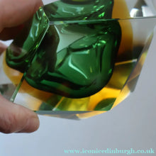 Load image into Gallery viewer, Large 1960s MURANO Faceted Glass Bowl. Vintage Sommerso Geode Green, Yellow and Clear Bowl
