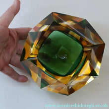 Load image into Gallery viewer, Large 1960s MURANO Faceted Glass Bowl. Vintage Sommerso Geode Green, Yellow and Clear Bowl
