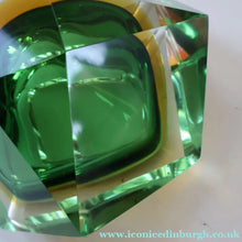 Load image into Gallery viewer, Large 1960s MURANO Faceted Glass Bowl. Vintage Sommerso Geode Green, Yellow and Clear Bowl
