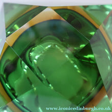 Load image into Gallery viewer, Large 1960s MURANO Faceted Glass Bowl. Vintage Sommerso Geode Green, Yellow and Clear Bowl
