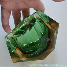 Load image into Gallery viewer, Large 1960s MURANO Faceted Glass Bowl. Vintage Sommerso Geode Green, Yellow and Clear Bowl
