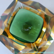 Load image into Gallery viewer, Large 1960s MURANO Faceted Glass Bowl. Vintage Sommerso Geode Green, Yellow and Clear Bowl
