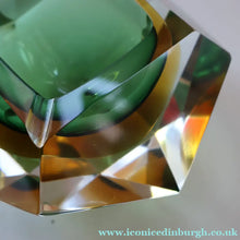 Load image into Gallery viewer, Large 1960s MURANO Faceted Glass Bowl. Vintage Sommerso Geode Green, Yellow and Clear Bowl
