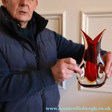 Load image into Gallery viewer, LARGE 1960s Murano SOMMERSO Red and Yellow Cased Glass Vase. Holes to Side. Height 9 3/4 inch
