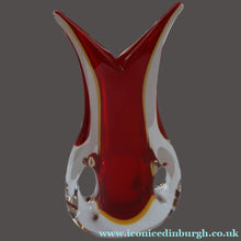 Load image into Gallery viewer, LARGE 1960s Murano SOMMERSO Red and Yellow Cased Glass Vase. Holes to Side. Height 9 3/4 inch - European Glass
