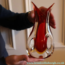 Load image into Gallery viewer, LARGE 1960s Murano SOMMERSO Red and Yellow Cased Glass Vase. Holes to Side. Height 9 3/4 inch
