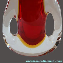 Load image into Gallery viewer, LARGE 1960s Murano SOMMERSO Red and Yellow Cased Glass Vase. Holes to Side. Height 9 3/4 inch
