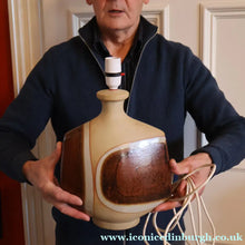 Load image into Gallery viewer, 1960s Medium TREMAEN Nanceddan Pottery Table Lamp. Original Hessian Shade &amp; Paper Label on Base
