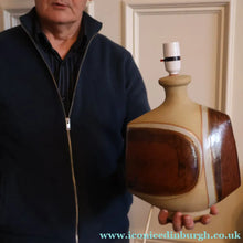 Load image into Gallery viewer, 1960s Medium TREMAEN Nanceddan Pottery Table Lamp. Original Hessian Shade &amp; Paper Label on Base
