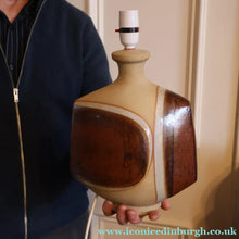 Load image into Gallery viewer, 1960s Medium TREMAEN Nanceddan Pottery Table Lamp. Original Hessian Shade &amp; Paper Label on Base
