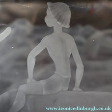 Load image into Gallery viewer, LARGE 1960s Vase by SVEN PALMQVIST for Orrefors, Sweden. Boy Riding a Reindeer with Mountain Landscape in the Distance

