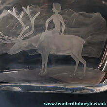 Load image into Gallery viewer, LARGE 1960s Vase by SVEN PALMQVIST for Orrefors, Sweden. Boy Riding a Reindeer with Mountain Landscape in the Distance
