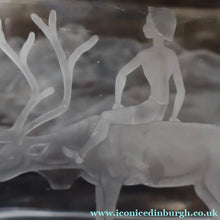 Load image into Gallery viewer, LARGE 1960s Vase by SVEN PALMQVIST for Orrefors, Sweden. Boy Riding a Reindeer with Mountain Landscape in the Distance
