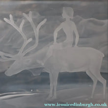 Load image into Gallery viewer, LARGE 1960s Vase by SVEN PALMQVIST for Orrefors, Sweden. Boy Riding a Reindeer with Mountain Landscape in the Distance
