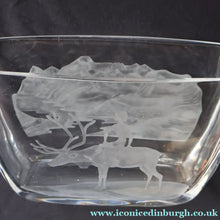 Load image into Gallery viewer, LARGE 1960s Vase by SVEN PALMQVIST for Orrefors, Sweden. Boy Riding a Reindeer with Mountain Landscape in the Distance
