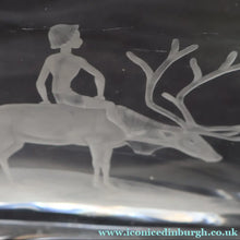 Load image into Gallery viewer, LARGE 1960s Vase by SVEN PALMQVIST for Orrefors, Sweden. Boy Riding a Reindeer with Mountain Landscape in the Distance
