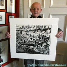 Load image into Gallery viewer, 1960s Linocut by Marie Whitby. Sakumono Beach. Signed and Dated 1963
