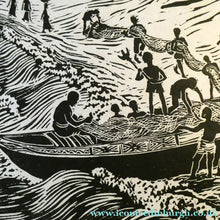 Load image into Gallery viewer, 1960s Linocut by Marie Whitby. Sakumono Beach. Signed and Dated 1963
