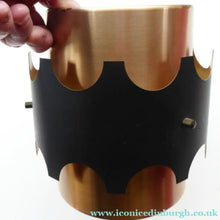 Load image into Gallery viewer, 1960s Metal Hanging or Pendant Lamp Shade. Smaller Copperised Drum Shape with Black Abstract Metal Outer Ring
