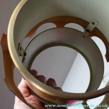 Load image into Gallery viewer, 1960s Metal Hanging or Pendant Lamp Shade. Smaller Copperised Drum Shape with Black Abstract Metal Outer Ring
